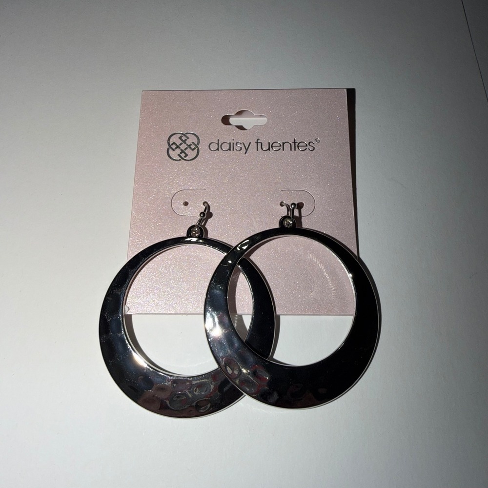 Daisy Fuentes Hoop Earrings Silver Tone Hammered Textured Large Statement NEW